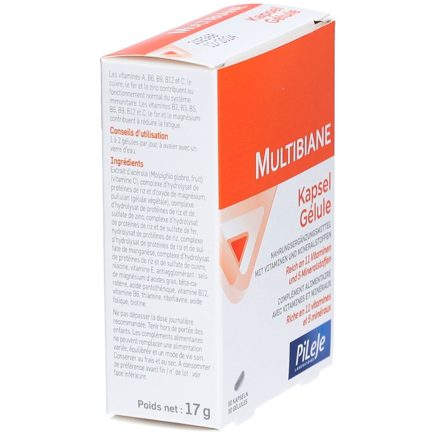 Multibiane-Verpackung, orange-weiß. Produktname und Kapsel-Bezeichnung. Text über Inhaltsstoffe und Anwendung. Marke: Pileje.