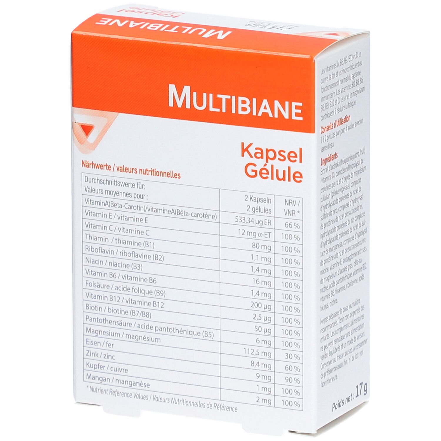 Multibiane-Verpackung, orange-weiß. Nährwerttabelle mit Vitaminen und Mineralstoffen. Marke: Pileje.