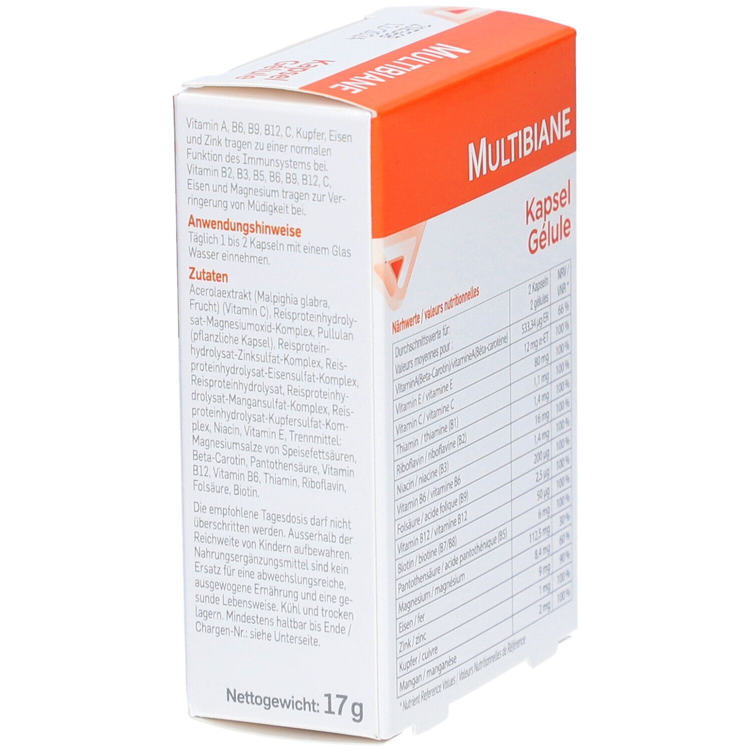 Multibiane-Verpackung, orange-weiß. Nährwertangaben und Zutatenliste. Marke: Pileje.