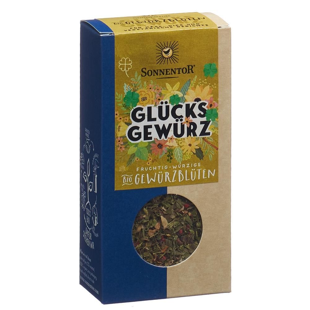 SONNENTOR Glücks Gewürz, fruchtig-würzige Bio Gewürzblüten Mischung in einer Pappschachtel mit Sichtfenster.