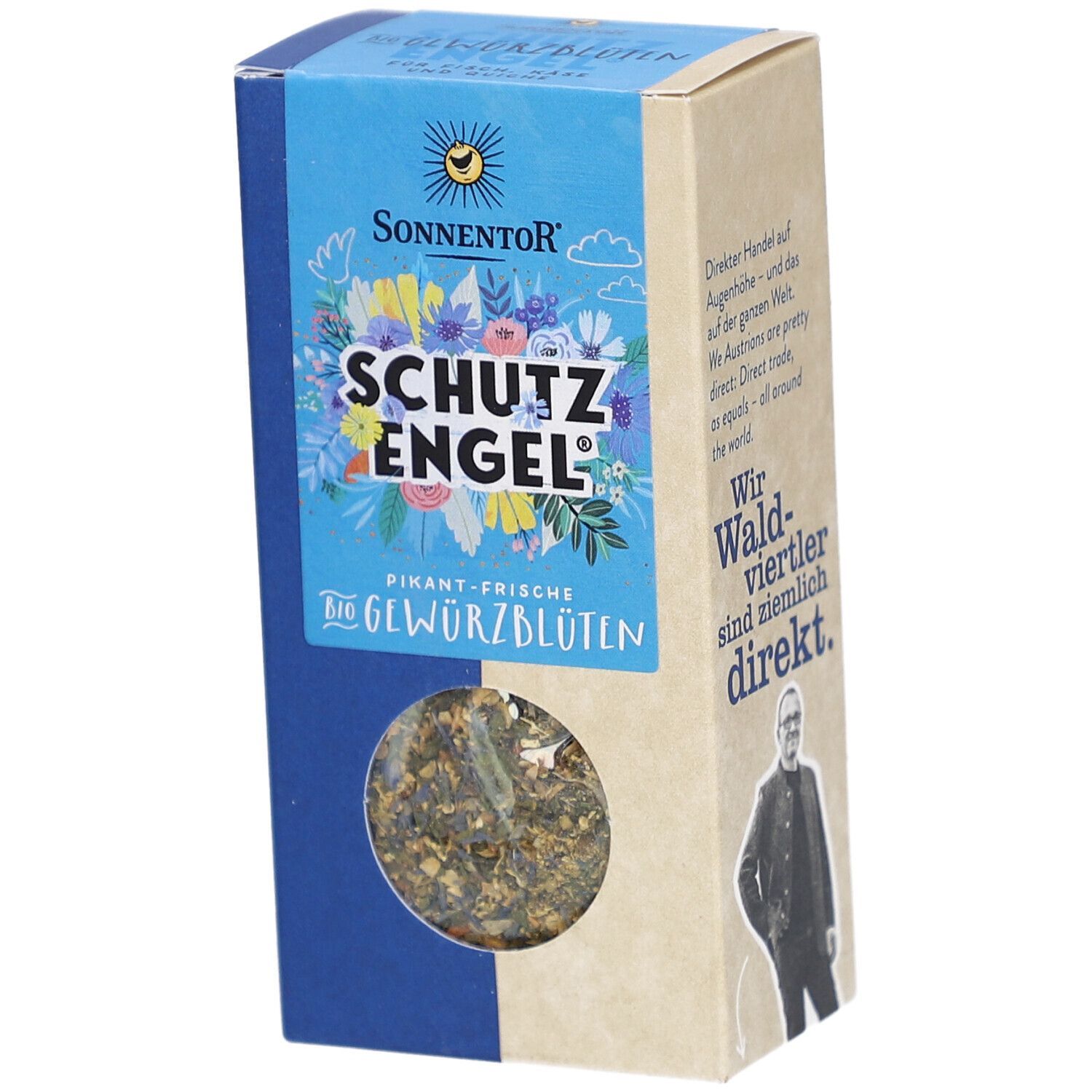 Boîte avec produit. Fenêtre visible montrant des fleurs d'épices. Inscription : SCHUTZ ENGEL, BIO Gewürzblüten. Marque : SONNENTOR.