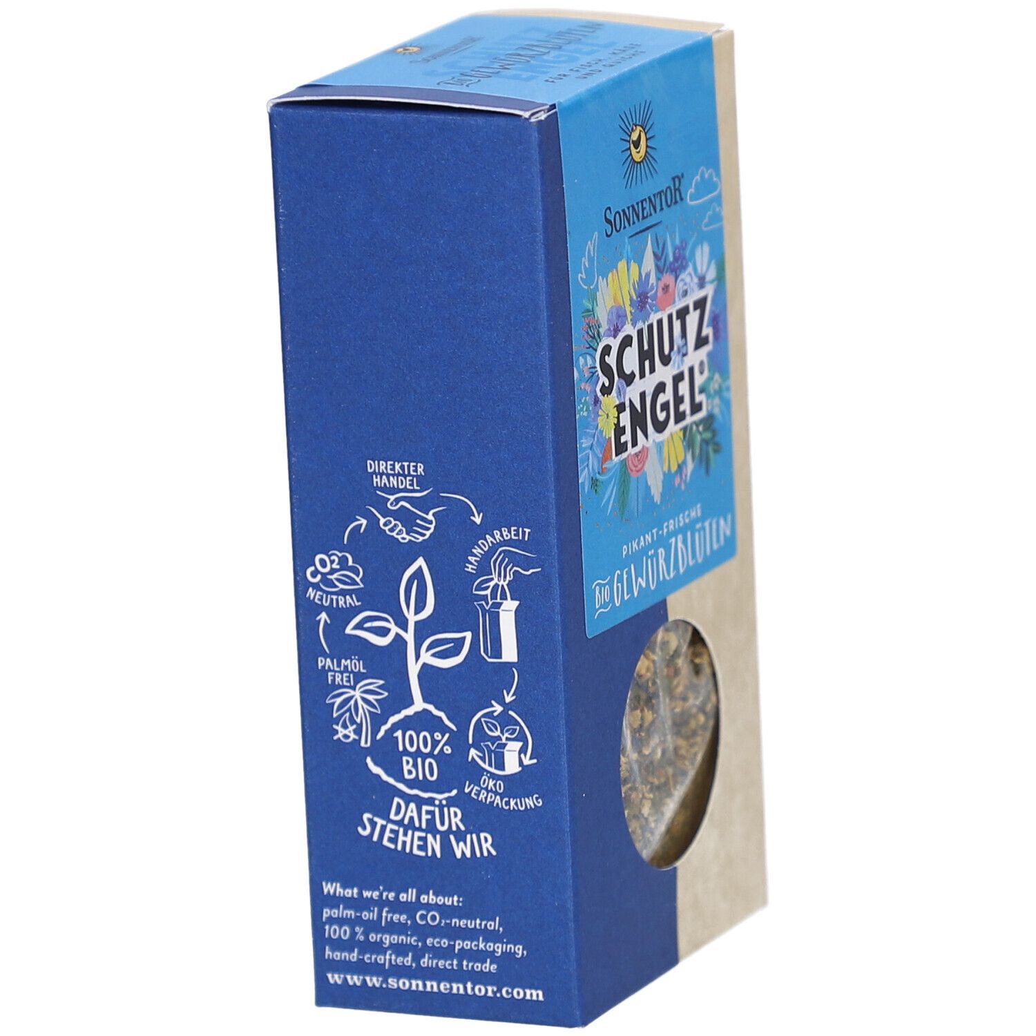 Côté bleu de l'emballage du produit. Logos : CO2 neutre, sans huile de palme, 100% BIO. Texte : DAFFÜR STEHEN WIR. www.sonnentor.com.