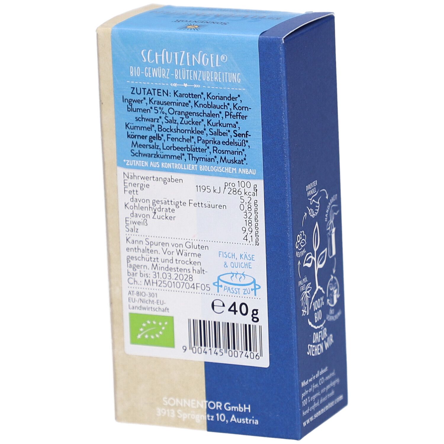 Dos de l'emballage du produit. Liste des ingrédients, informations nutritionnelles, poids 40g. Label bio UE. Marque : SONNENTOR.