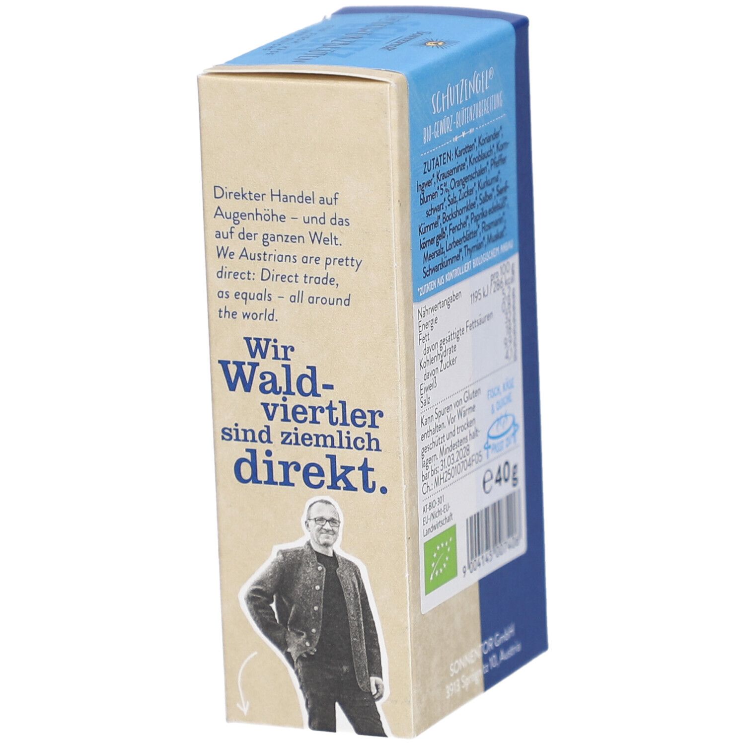 Côté de l'emballage du produit avec texte et image d'une personne. Texte : Wir Waldviertler sind ziemlich direkt. Marque : SONNENTOR.