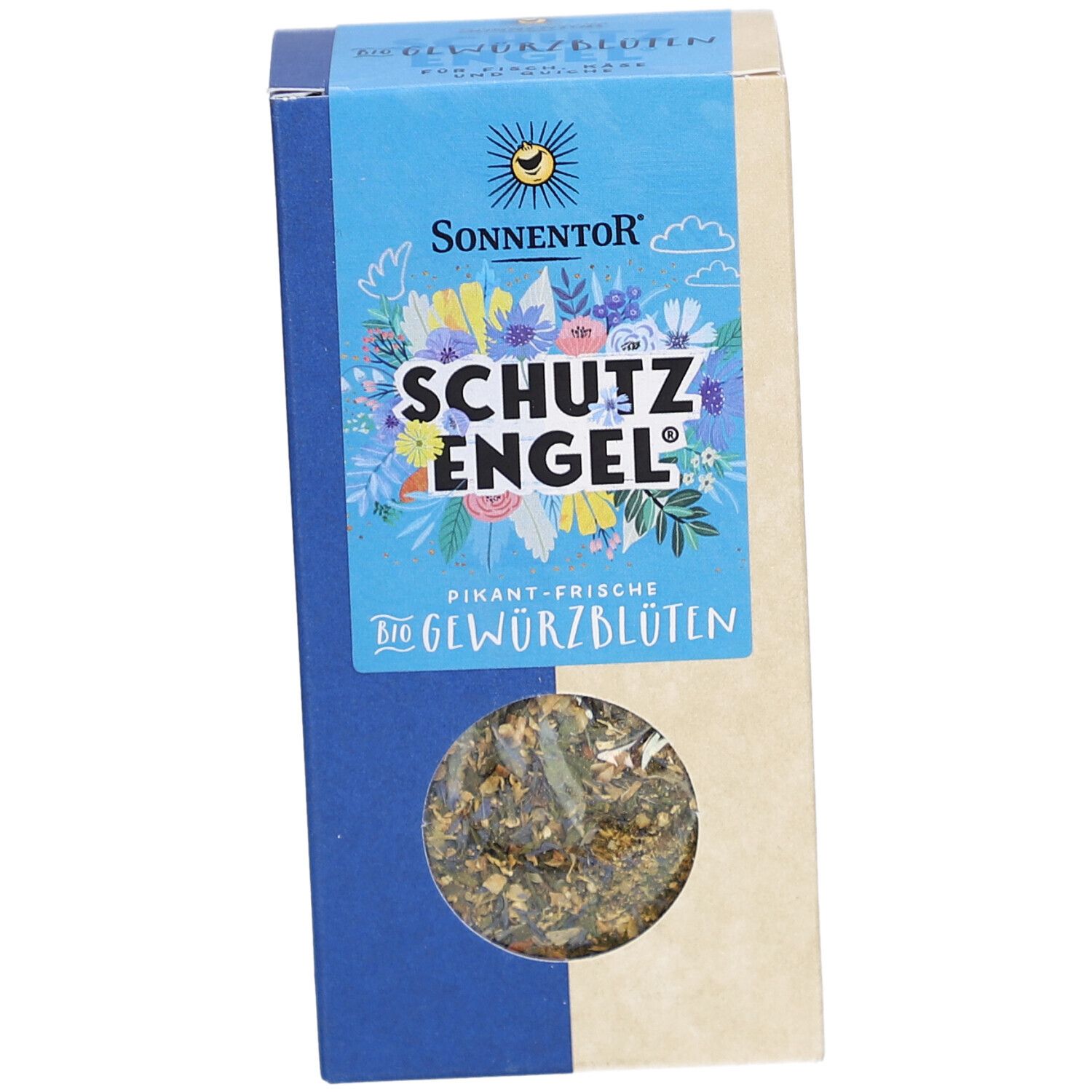 Emballage du produit. Fenêtre visible montrant des fleurs d'épices. Inscription : SCHUTZ ENGEL, BIO Gewürzblüten. Marque : SONNENTOR.
