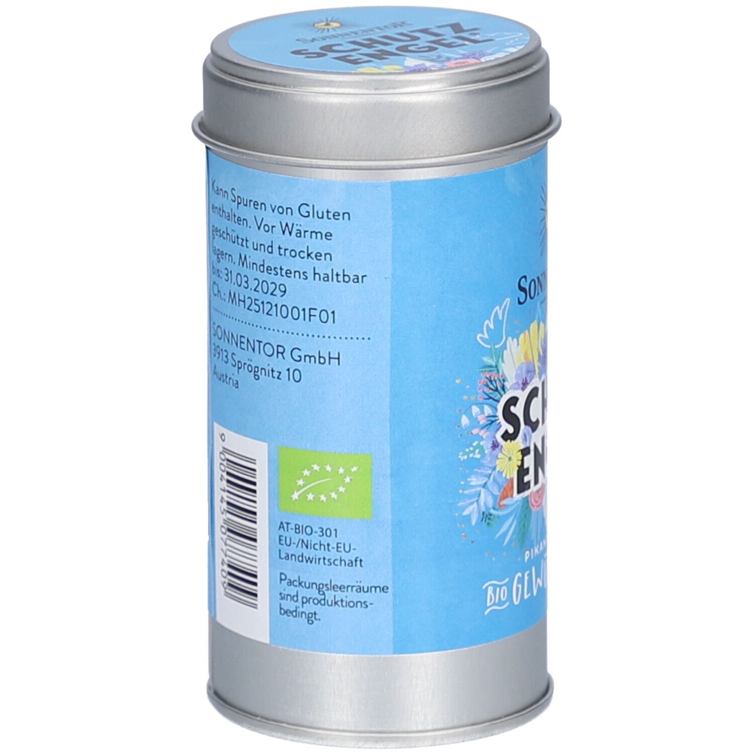 Rückseite der Dose. Blaues Etikett mit Text und Logo. Text: Mindestens haltbar bis 31.03.2029. Bio-Siegel. Herstelleradresse.