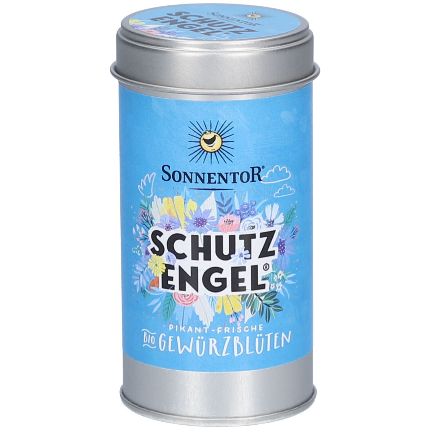 Zylindrische Dose mit blauem Etikett. Aufschrift: SCHUTZ ENGEL, BIO GEWÜRZBLÜTEN. Logo: Sonne. Deckel mit Schriftzug.
