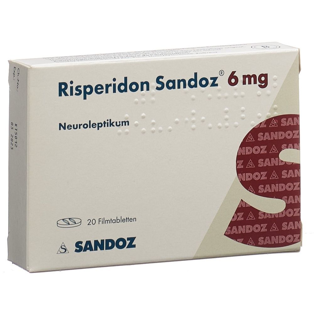 Schachtel mit Risperidon Sandoz 6 mg. Aufschrift: Neuroleptikum, 20 Filmtabletten. Logo Sandoz. Rote und weiße Farbgebung.