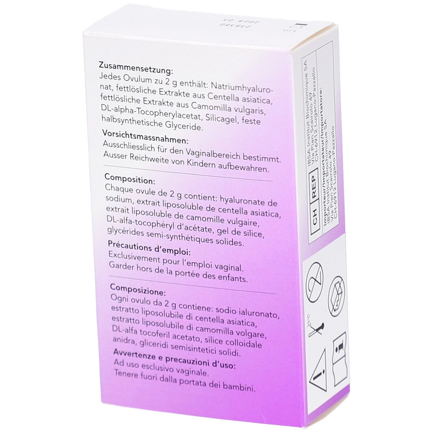 Rückseite der IALUNA Ovula-Verpackung. Text in Deutsch, Französisch und Italienisch. Inhaltsstoffe und Vorsichtsmaßnahmen. Piktogramme.