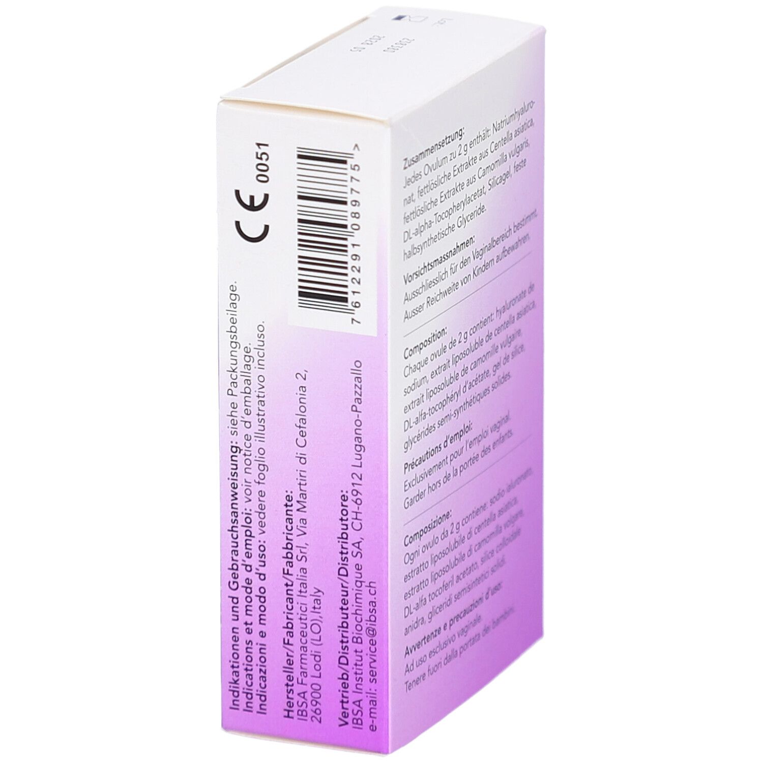 Seitenansicht der IALUNA Ovula-Verpackung. Text, CE-Kennzeichnung und Barcode. Herstellerinformationen. Text in Deutsch, Französisch und Italienisch.
