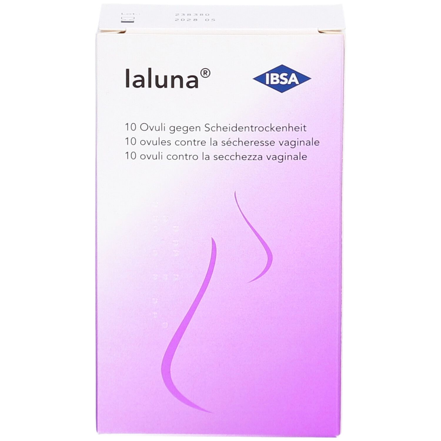 Vorderansicht der IALUNA Ovula-Verpackung. Marke und Produktbezeichnung sichtbar. 10 Ovula. Illustration einer weiblichen Form. Text in 3 Sprachen.