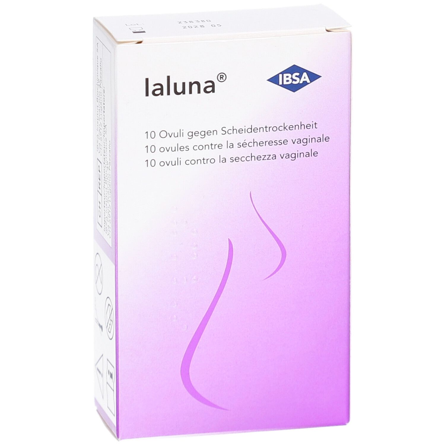 Vorderansicht der IALUNA Ovula-Verpackung. Marke und Produktbezeichnung sichtbar. 10 Ovula. Illustration einer weiblichen Form. Text in 3 Sprachen.