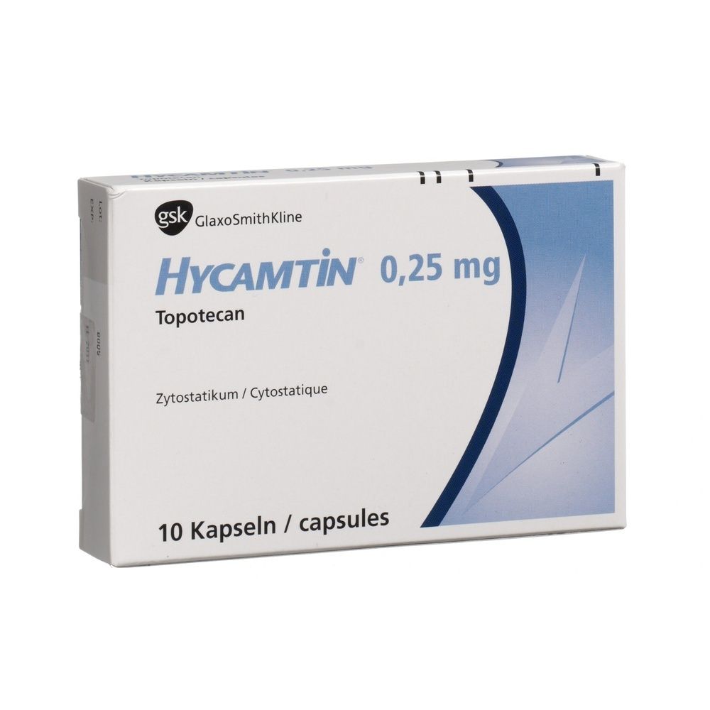 Karton mit Medikamenten. Aufschrift: HYCAMTIN Kaps 0.25 mg. Blaue und weiße Verpackung. 10 Stück.
