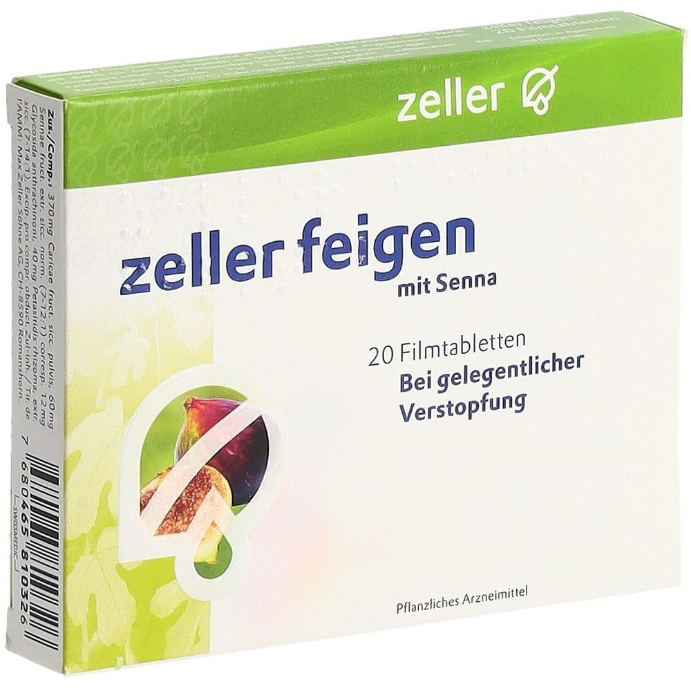 Verpackung von Zeller Feigen mit Senna. Grün-weiße Schachtel mit Produktnamen und Abbildung einer Feige. Enthält 20 Filmtabletten.