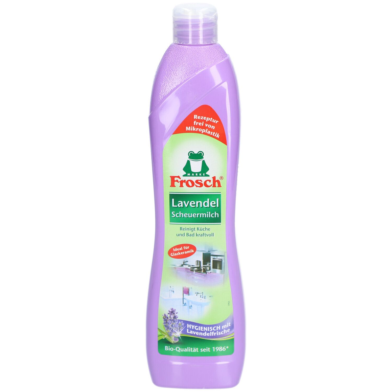 Flasche mit lila Flüssigkeit. Frosch Lavendel Scheuermilch. Grünes Frosch-Logo. Text: Reinigt Küche und Bad kraftvoll.