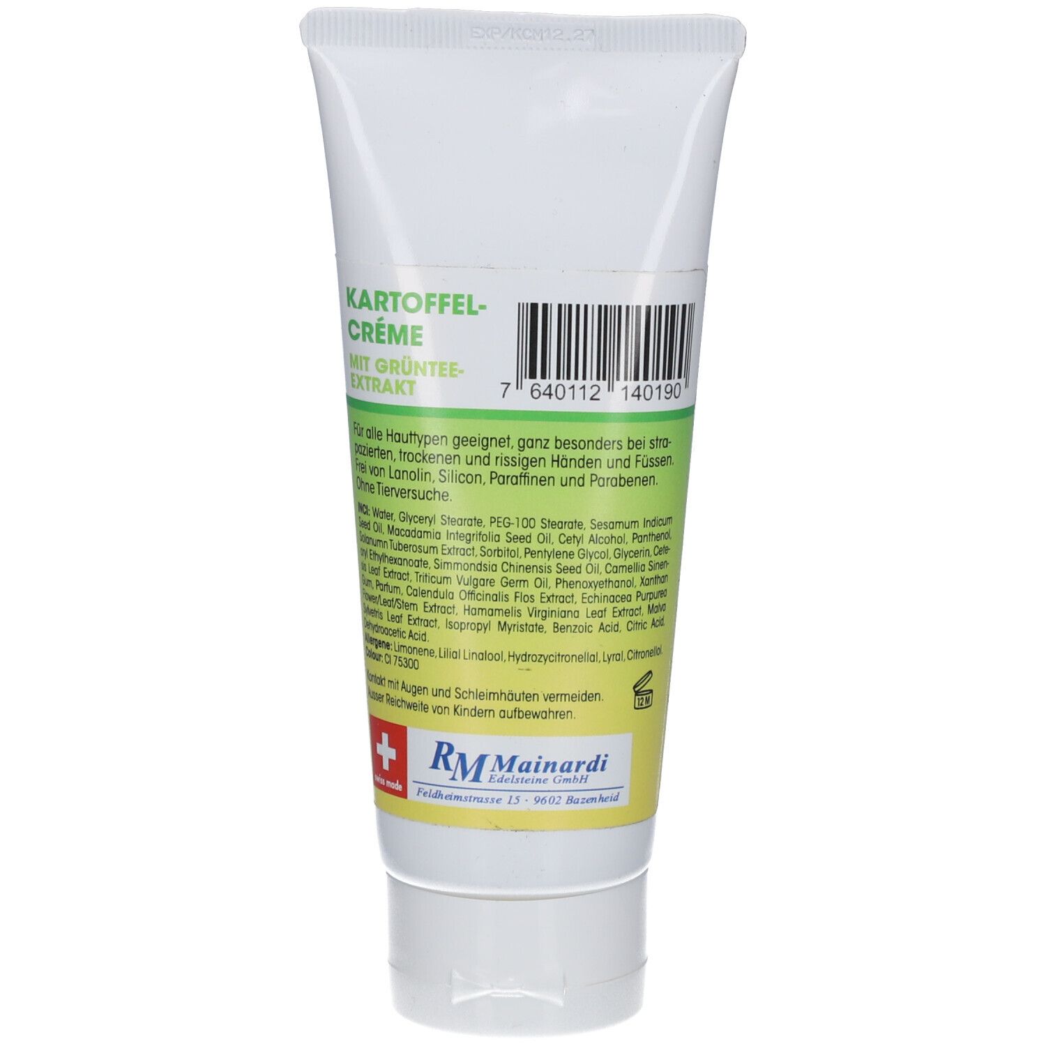 Rückseite der Tube Kartoffelcrème mit Grüntee-Extrakt. Barcode, Text und Logo.