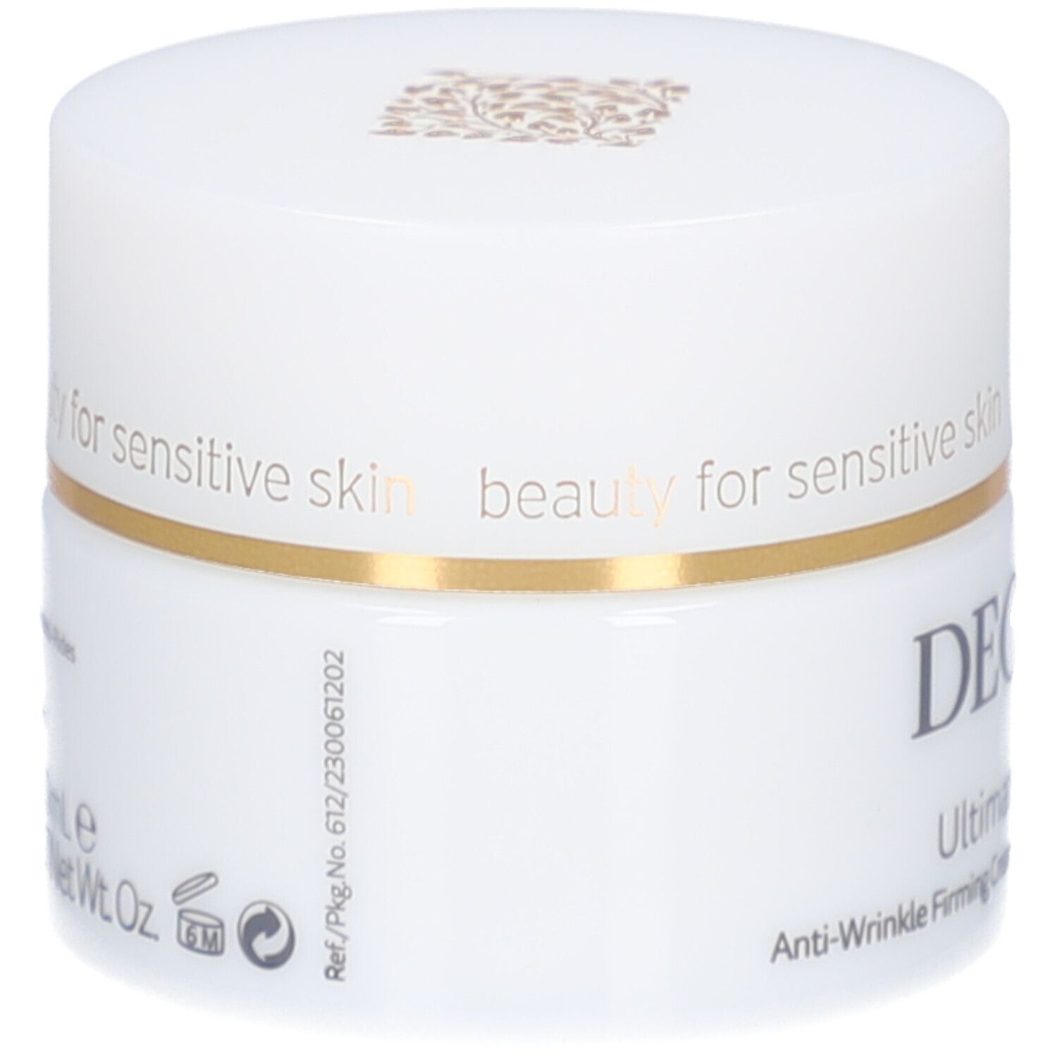 Pot blanc avec couvercle. Anneau doré. Inscription : DECLARE. Texte et symboles sur le côté.