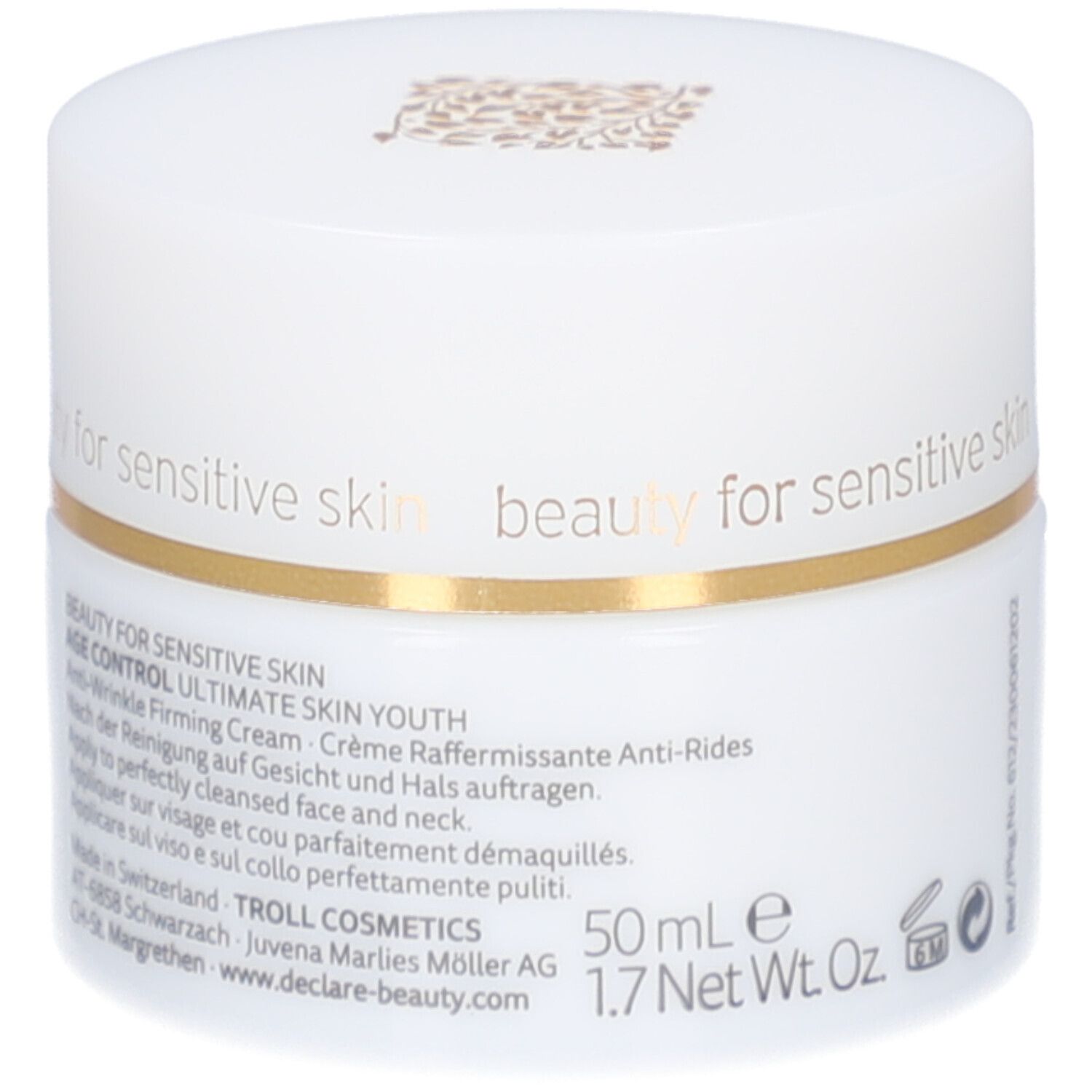 Pot blanc avec couvercle. Anneau doré. Inscription : DECLARE. Texte sur le côté, dont 50 ml.