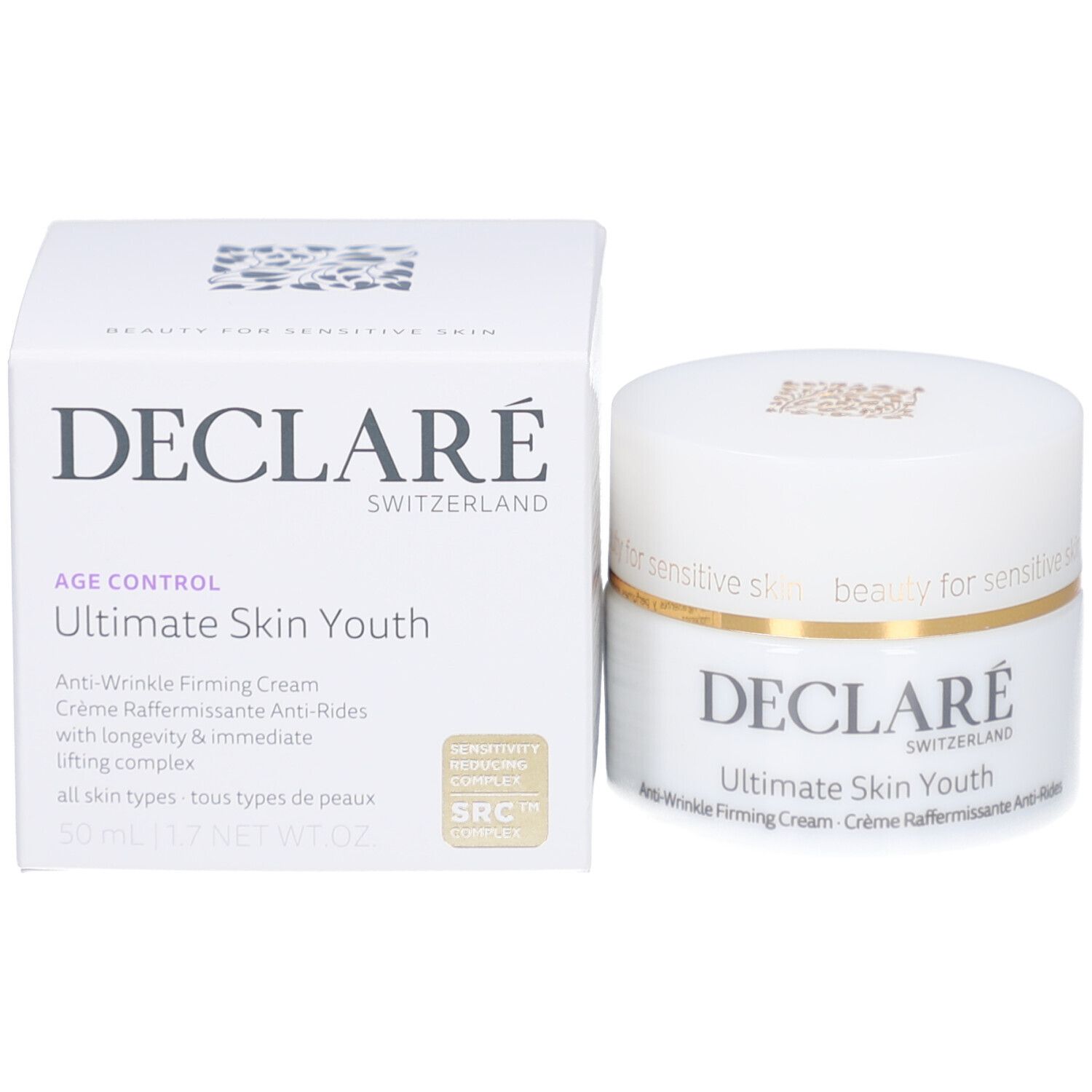 Emballage et pot du produit. Inscription : DECLARE, Ultimate Skin Youth Anti-Wrinkle Firming Cream. 50 ml.