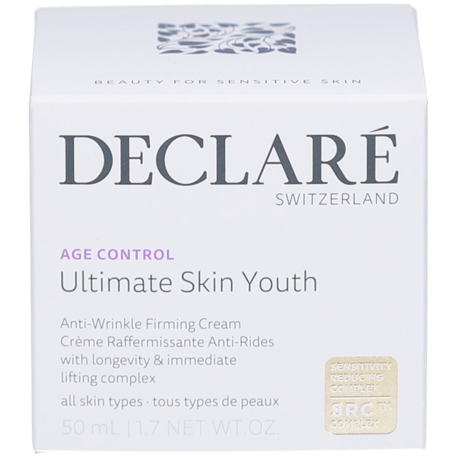 Emballage blanc du produit. Inscription : DECLARE, Ultimate Skin Youth Anti-Wrinkle Firming Cream. 50 ml.
