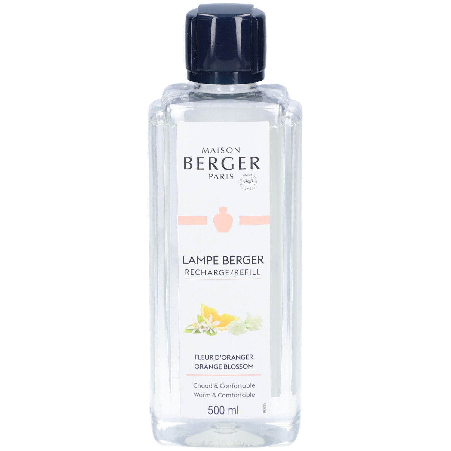 Klarer Flakon mit schwarzem Verschluss. Etikett mit Produktname und Logo. Aufschrift: Fleur d'Oranger. 500 ml.