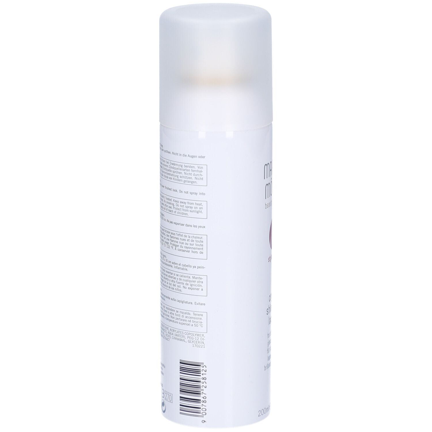 Weißes Haarspray von Marlies Möller. Rückseite mit Text. Aufschrift: Crystal Shine Hair Lacquer.