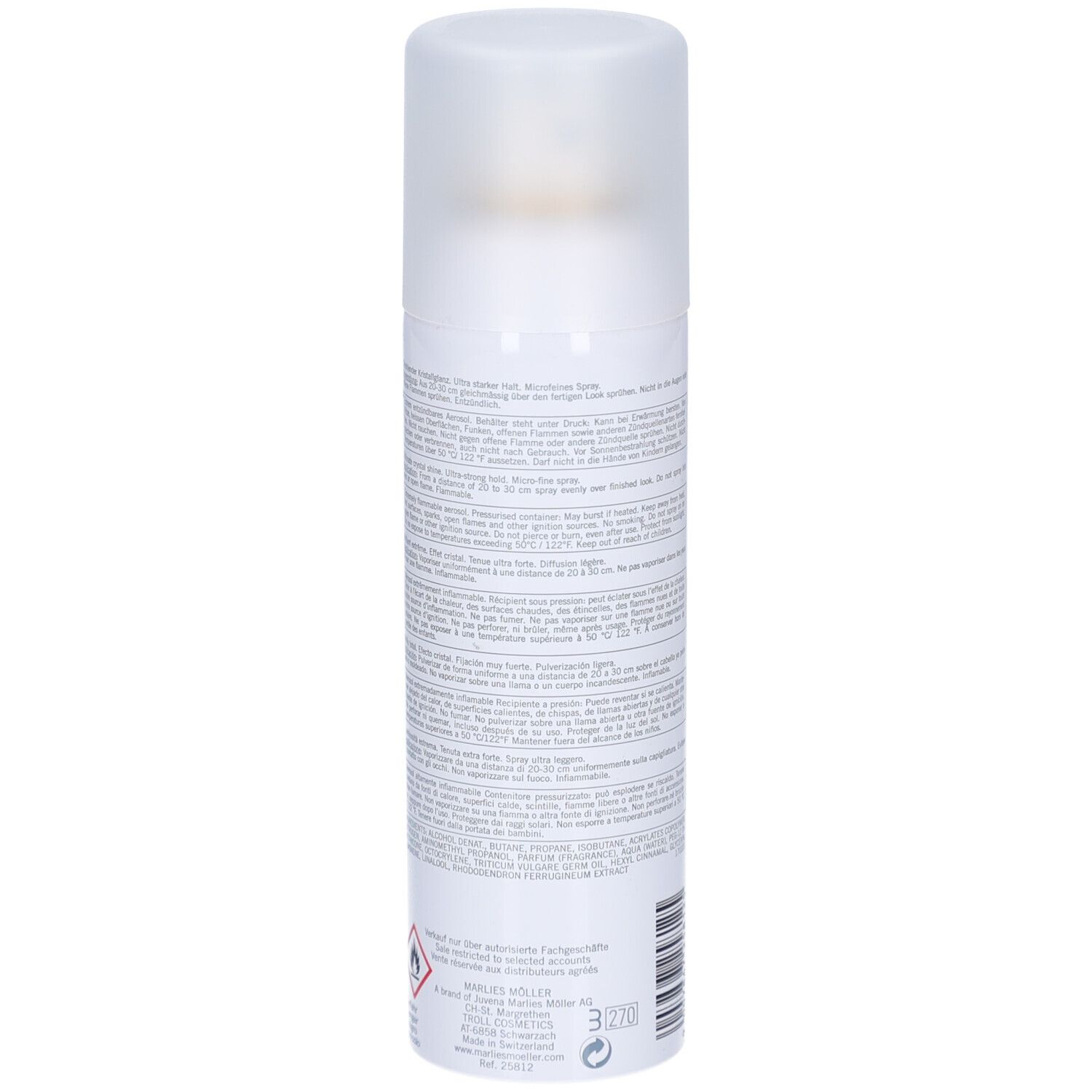 Weißes Haarspray von Marlies Möller. Rückseite mit Text. Aufschrift: Crystal Shine Hair Lacquer.