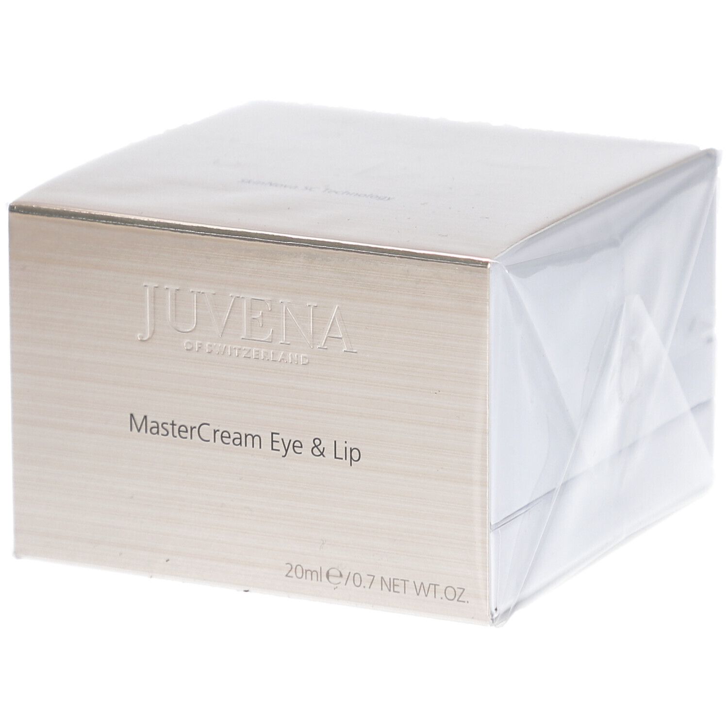Emballage de Juvena Mastercream Eye & Lip. Boîte carrée dorée avec nom et logo du produit. 20ml/0.7 NET WT.