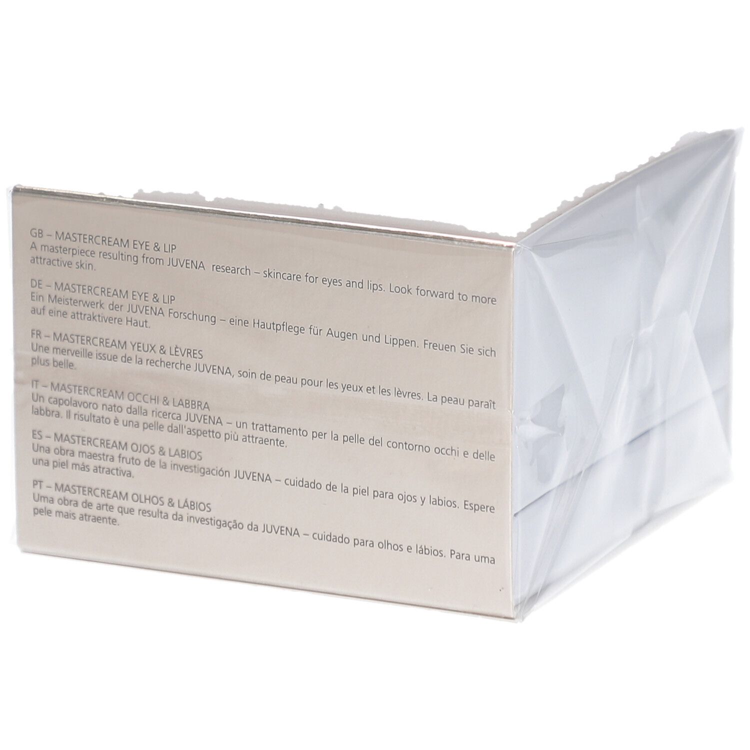 Dos de l'emballage Juvena Mastercream Eye & Lip. Texte multilingue. Boîte carrée dorée.