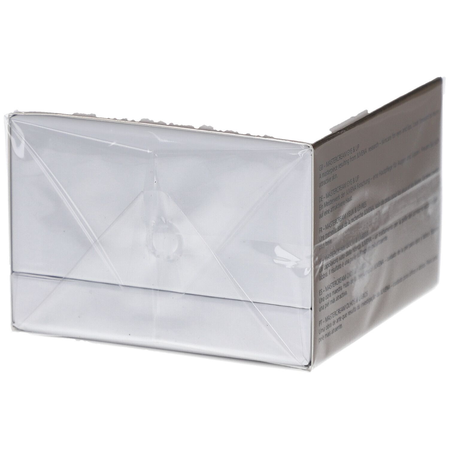 Bas de l'emballage Juvena Mastercream Eye & Lip. Boîte carrée dorée.