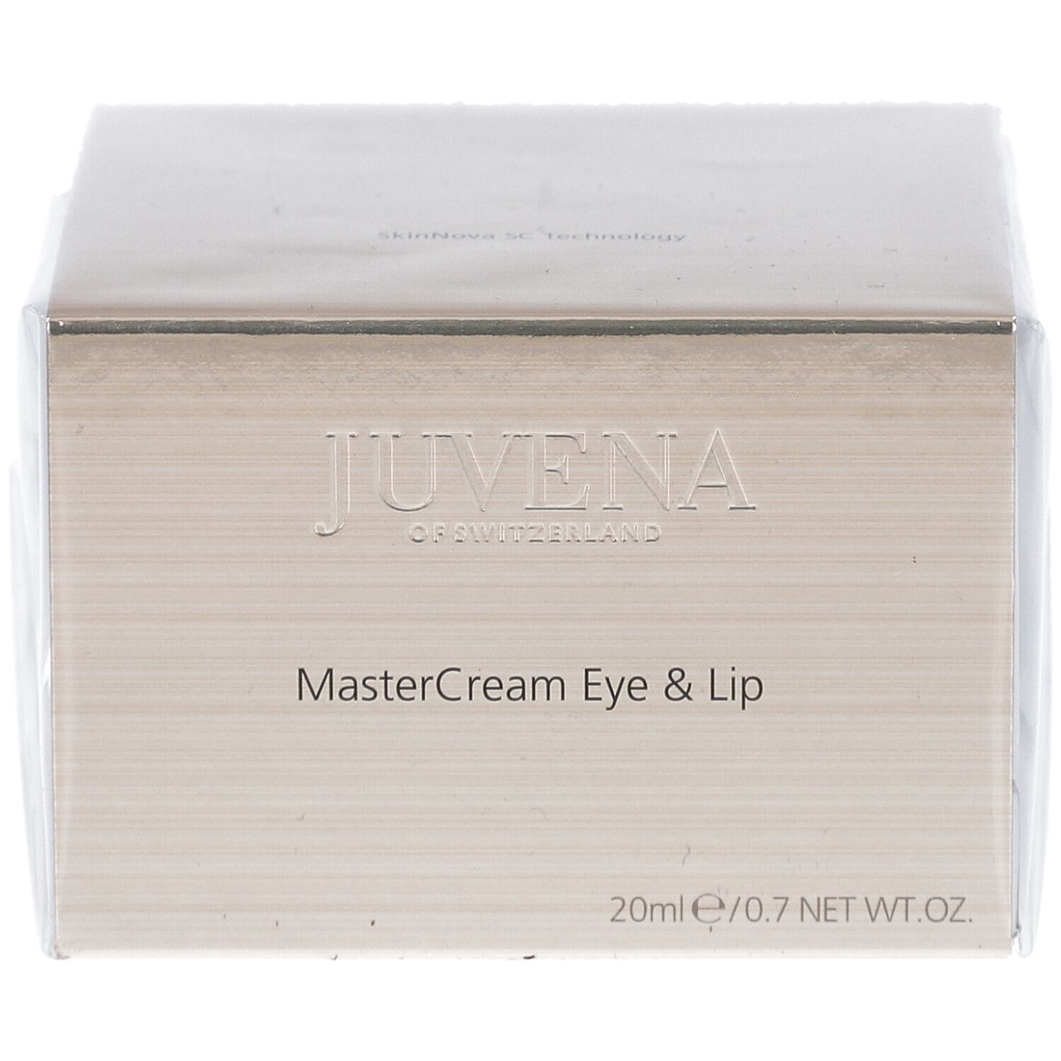 Emballage de Juvena Mastercream Eye & Lip. Boîte carrée dorée avec nom et logo du produit. 20ml/0.7 NET WT.