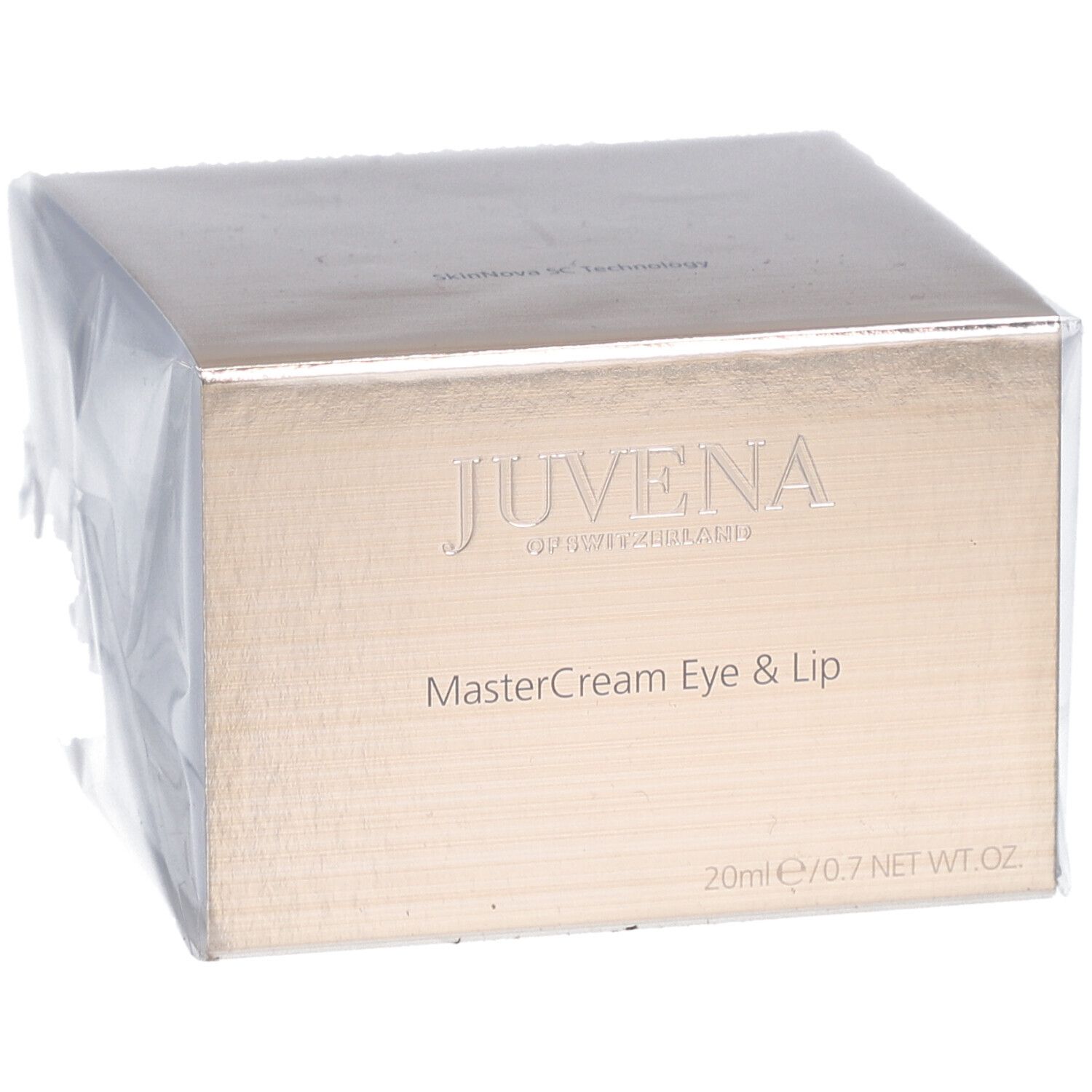 Emballage de Juvena Mastercream Eye & Lip. Boîte carrée dorée avec nom et logo du produit. 20ml/0.7 NET WT.