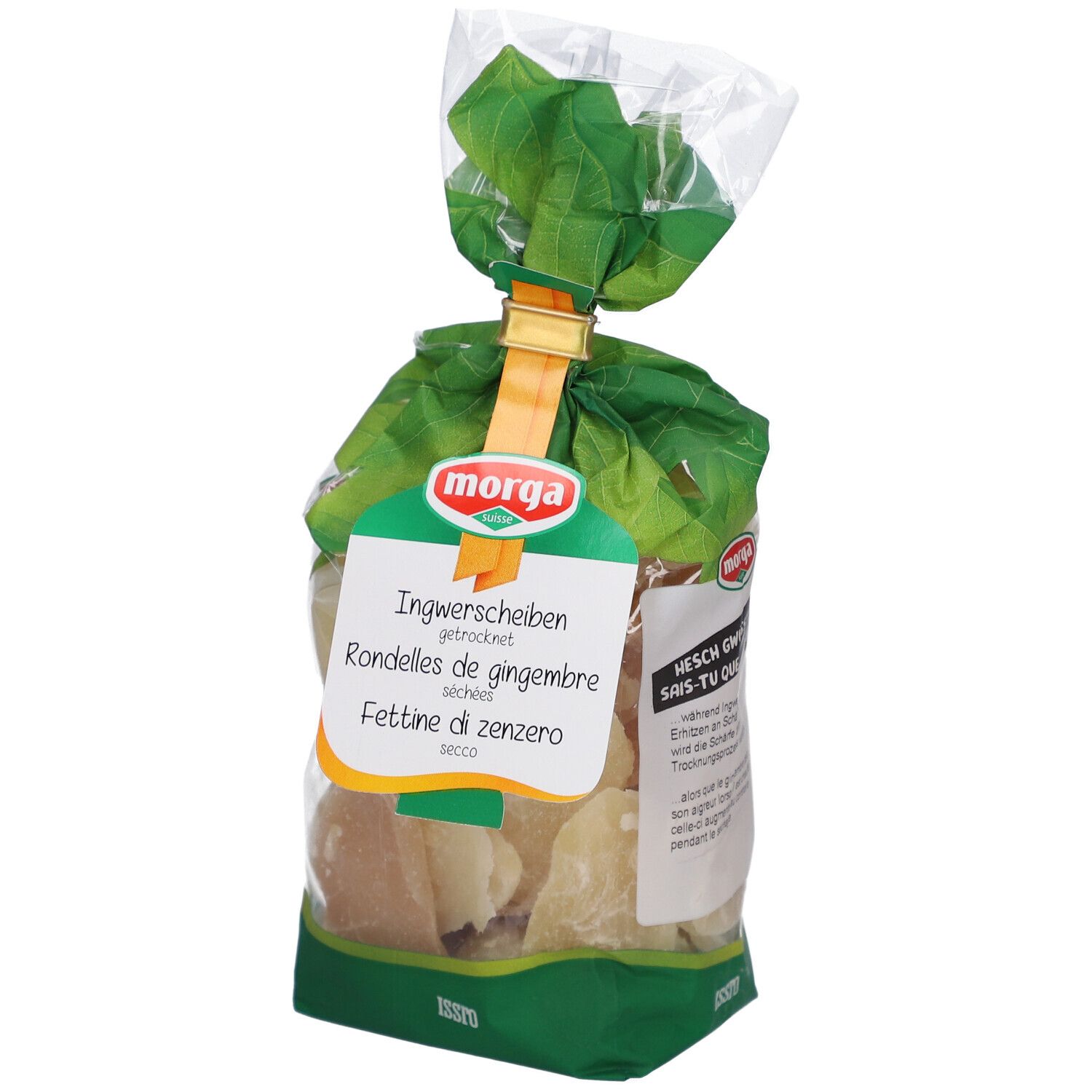 Sachet de tranches de gingembre séchées. Marque Morga visible, nom du produit en allemand, français et italien.