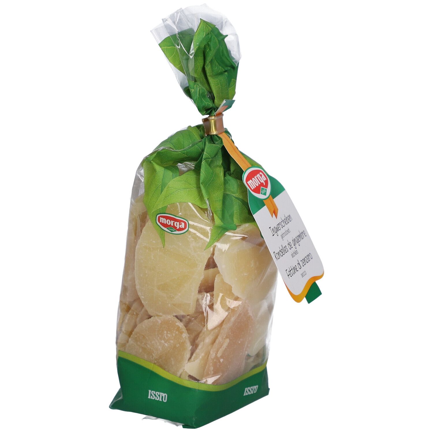 Sachet de tranches de gingembre séchées. Marque Morga. Nom du produit en allemand, français et italien.