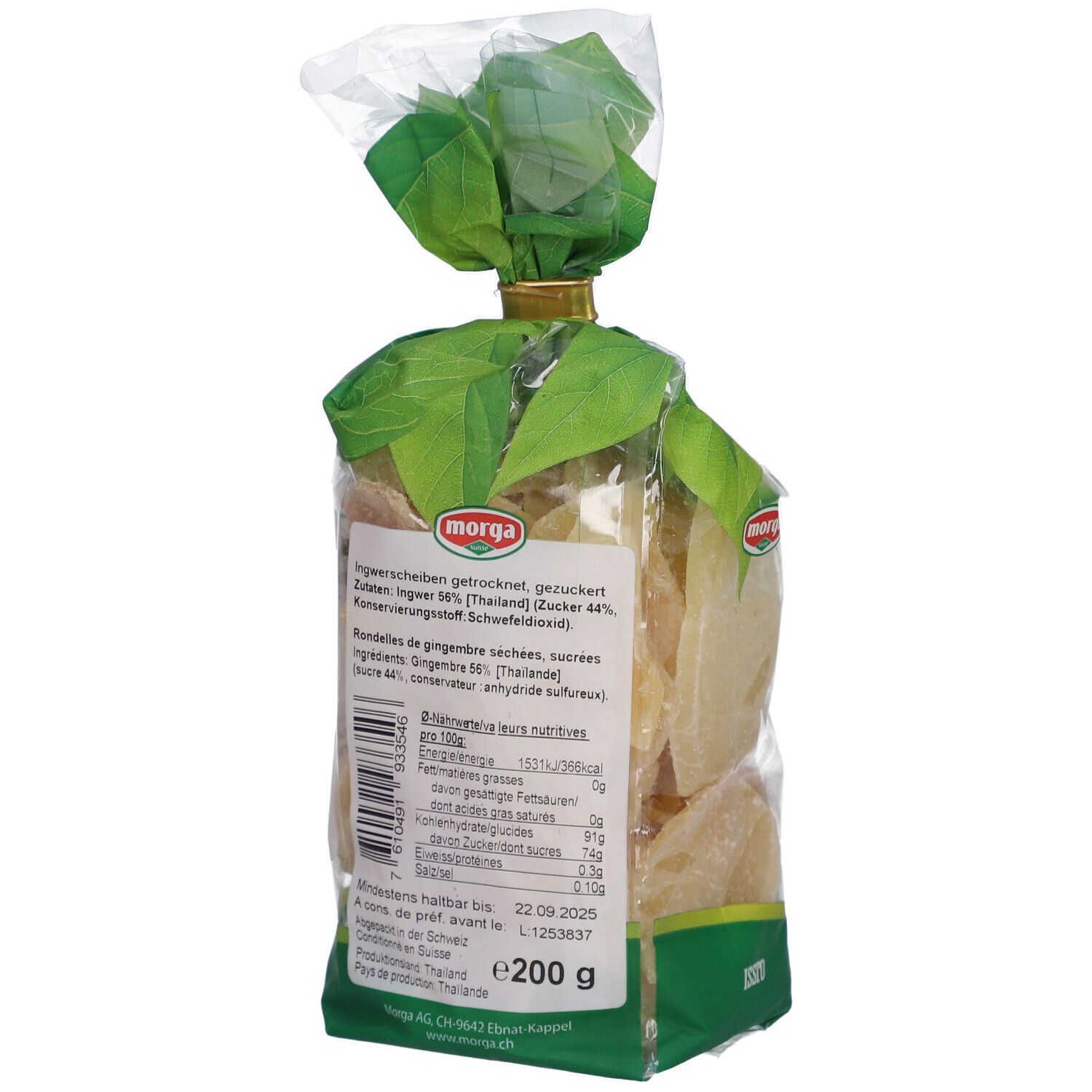Sachet de tranches de gingembre séchées. Marque Morga. Informations nutritionnelles et liste des ingrédients au dos.