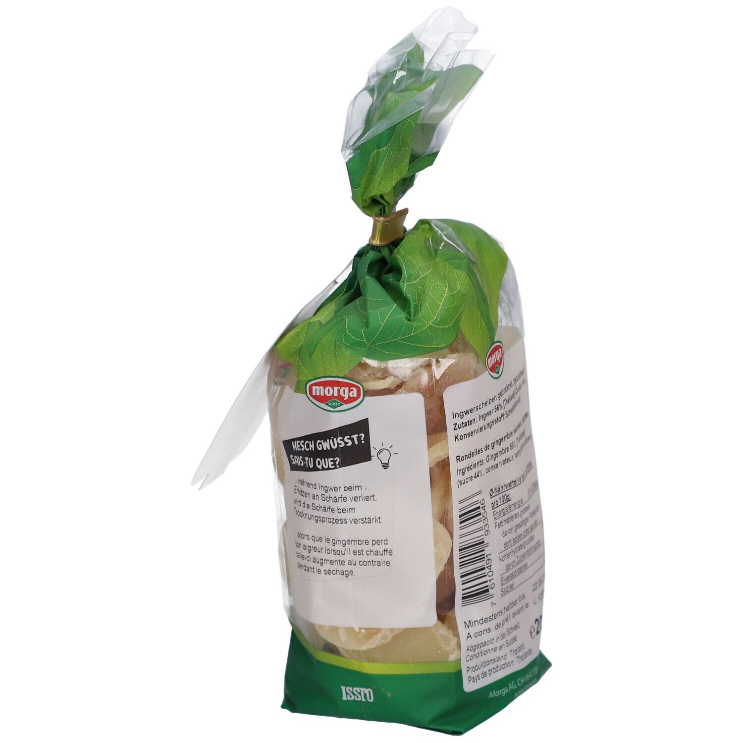 Sachet de tranches de gingembre séchées. Marque Morga. Question: 'Mesch g'wusst?'.