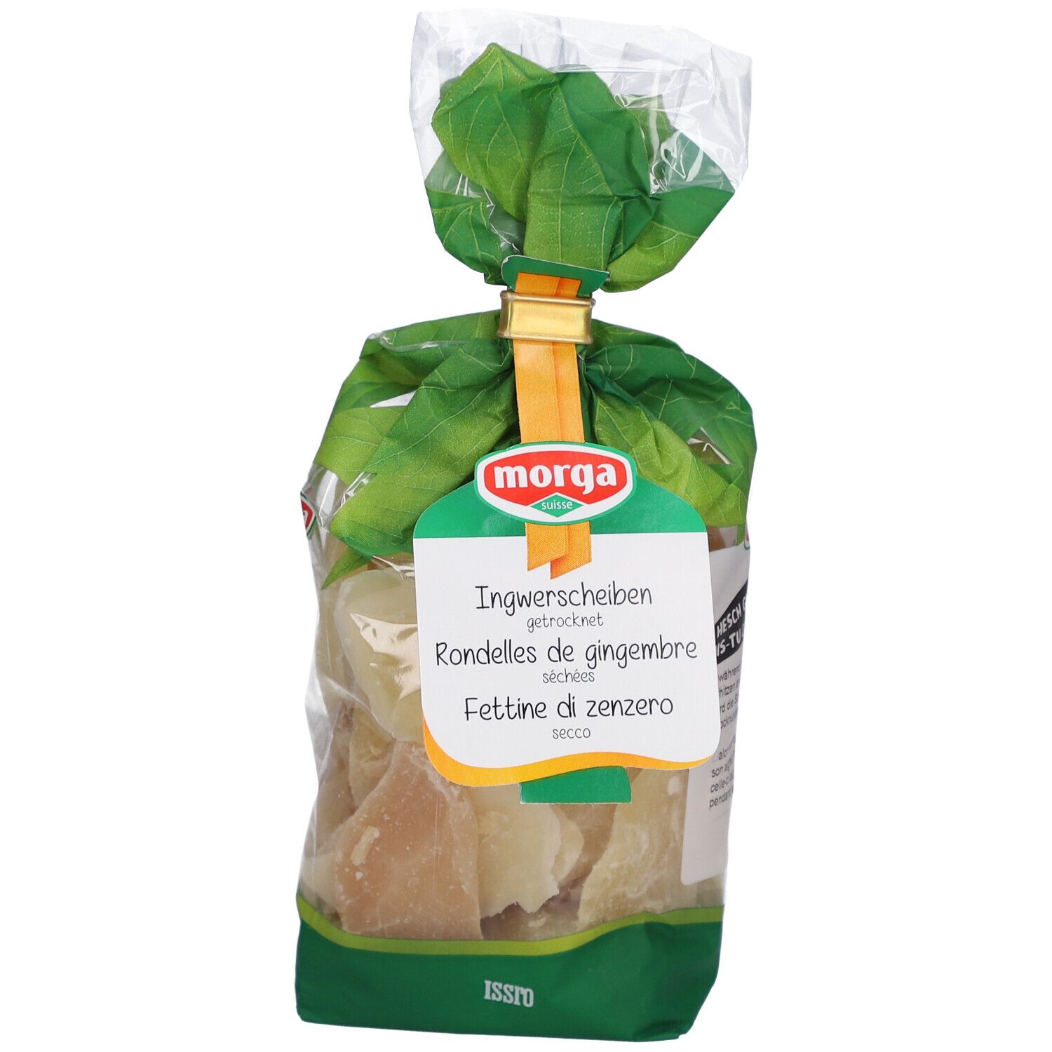 Sachet de tranches de gingembre séchées. Marque Morga, nom du produit en allemand, français et italien.