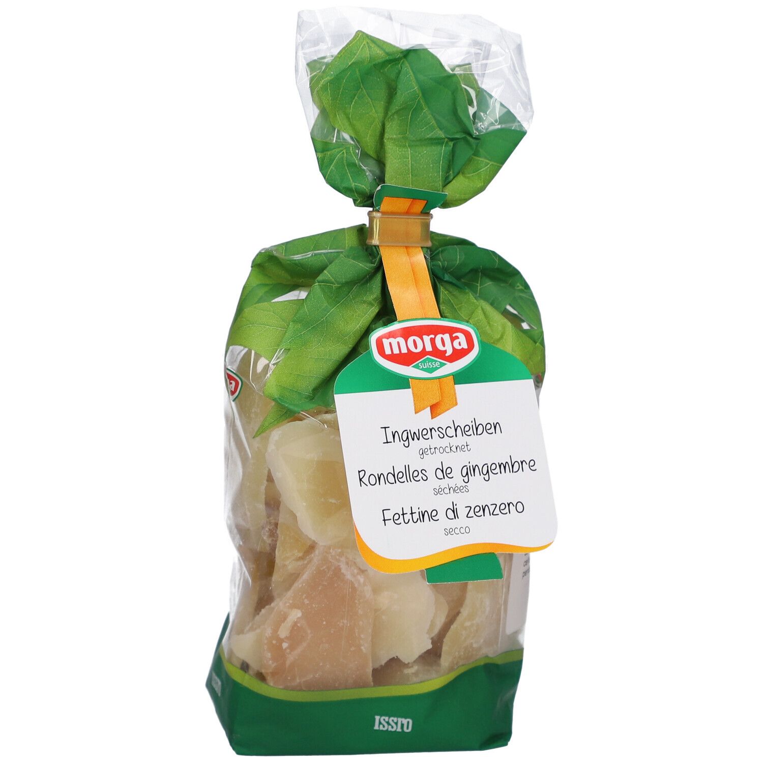 Sachet de tranches de gingembre séchées. Marque Morga, nom du produit en allemand, français et italien.