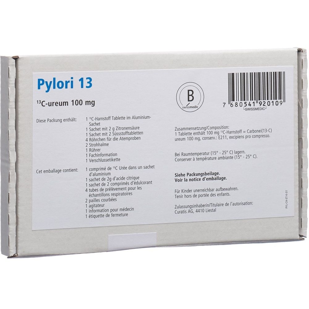 Karton mit Aufschrift Pylori 13. Enthält 13C-ureum 100 mg. Enthält Komponenten für Atemtest. Swissmedic-Logo.