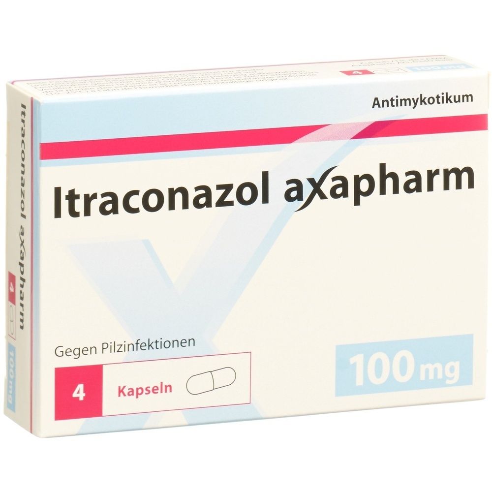 Kartonverpackung mit der Aufschrift Itraconazol axapharm. Rote und blaue Akzente. Rechteckige Form.