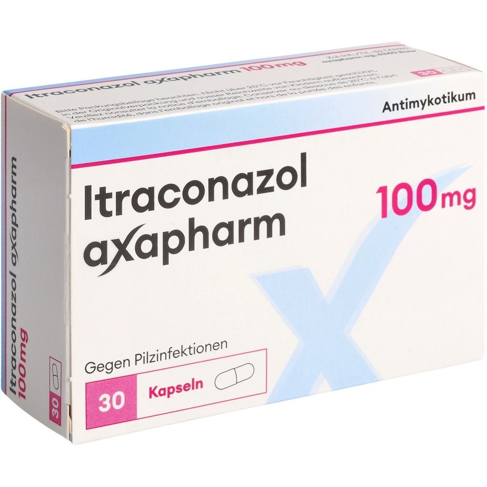 Karton mit der Aufschrift Itraconazol axapharm. Blaue und rote Akzente. 100 mg, 30 Stk.