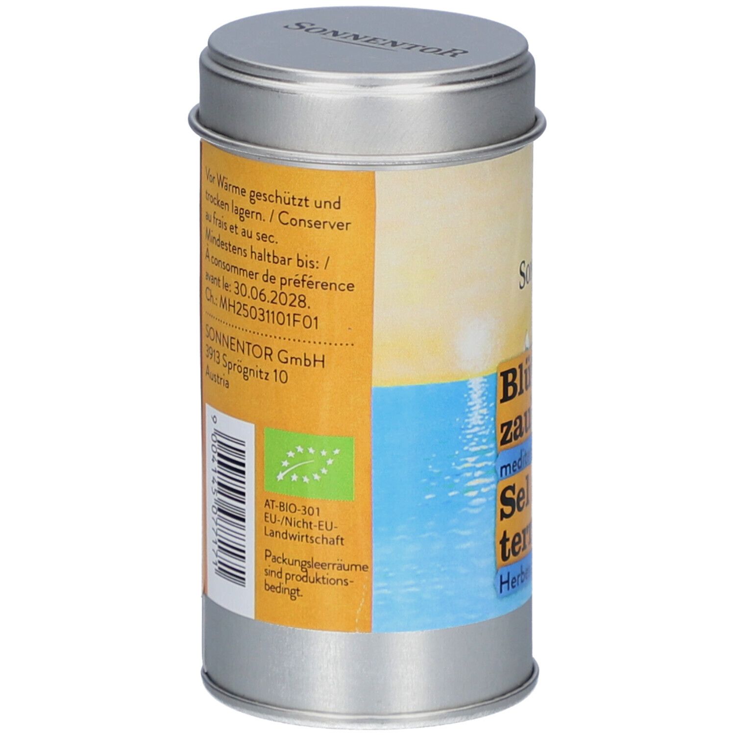 Dos de la boîte. Texte : Conserver au frais et au sec. À consommer de préférence avant le : 30.06.2028. Label bio. SONNENTOR GmbH.