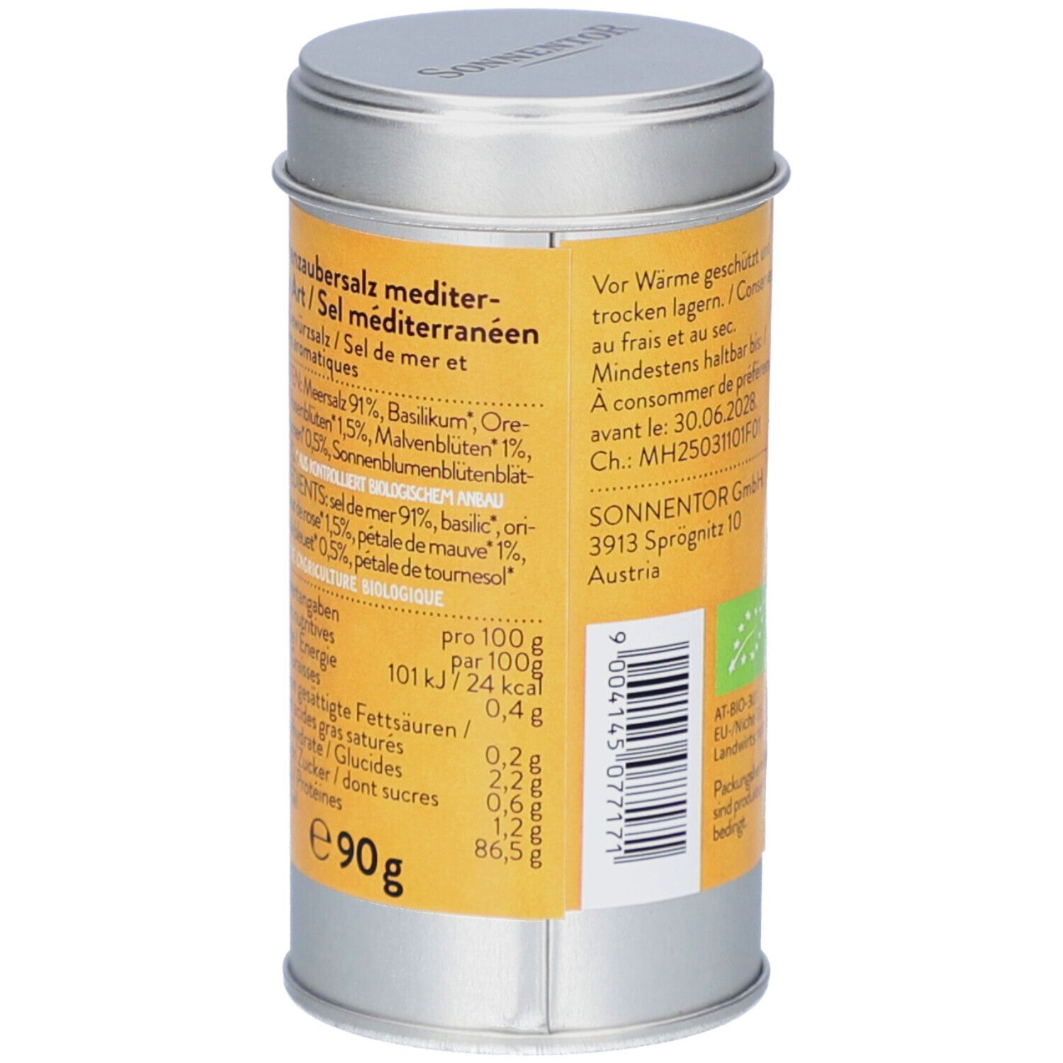 Dos de la boîte. Liste des ingrédients : Sel marin, basilic, origan, pétales de rose, fleurs de tournesol. Valeurs nutritionnelles pour 100g. E90g.