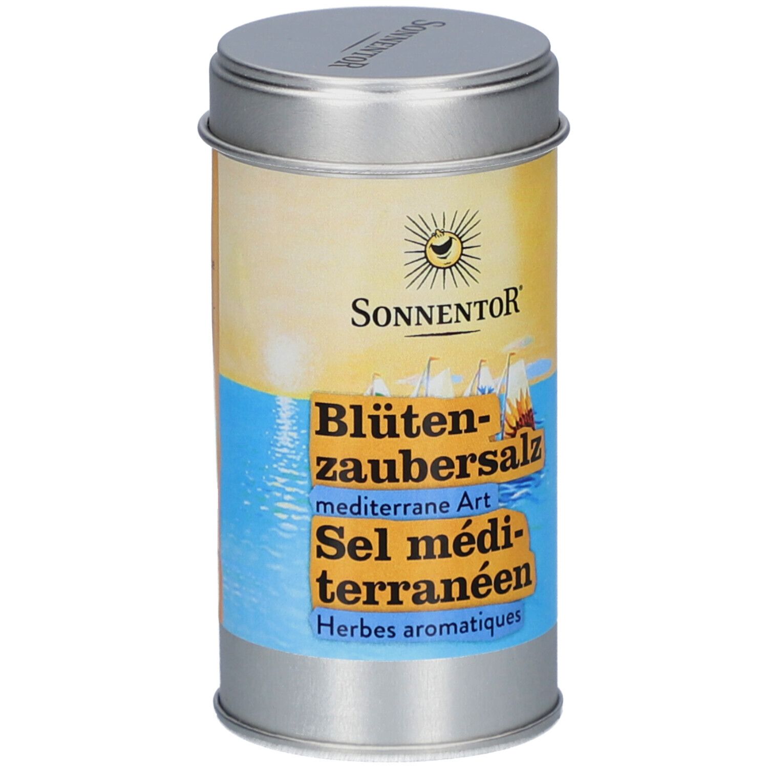 Boîte cylindrique avec couvercle. Inscription : SONNENTOR, Blütenzaubersalz, mediterrane Art, Sel méditerranéen, Herbes aromatiques. Logo soleil.