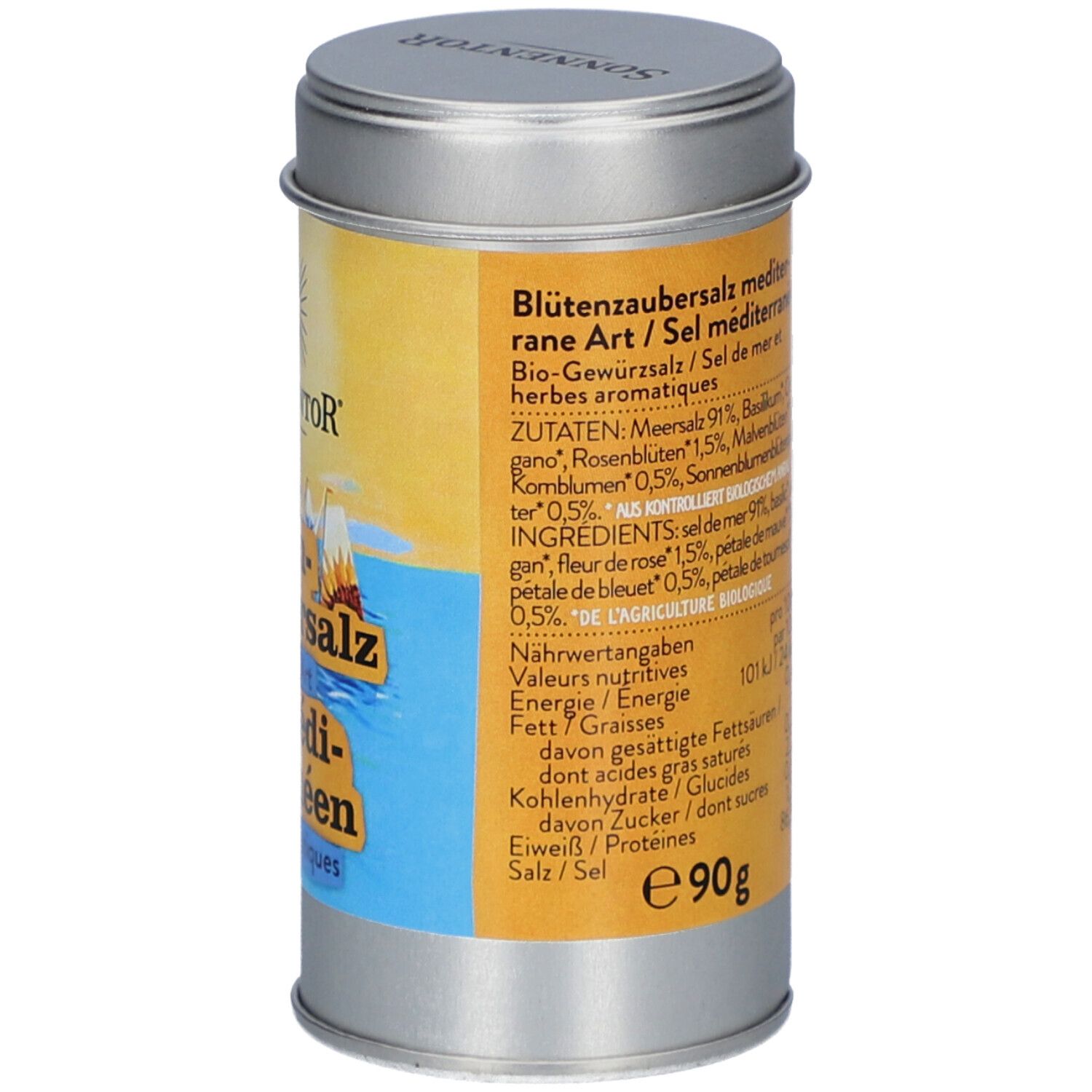 Dos de la boîte. Liste des ingrédients : Sel marin, basilic, origan, pétales de rose, fleurs de tournesol. Valeurs nutritionnelles pour 100g. E90g.