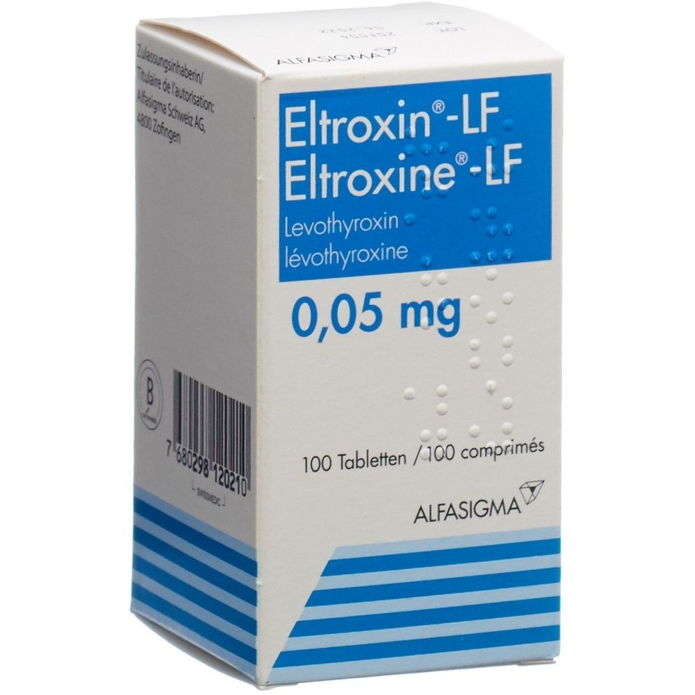 Karton mit blauer und weißer Beschriftung. Aufschrift: Eltroxin LF, 0,05 mg. Vertikale blaue Streifen am unteren Rand.