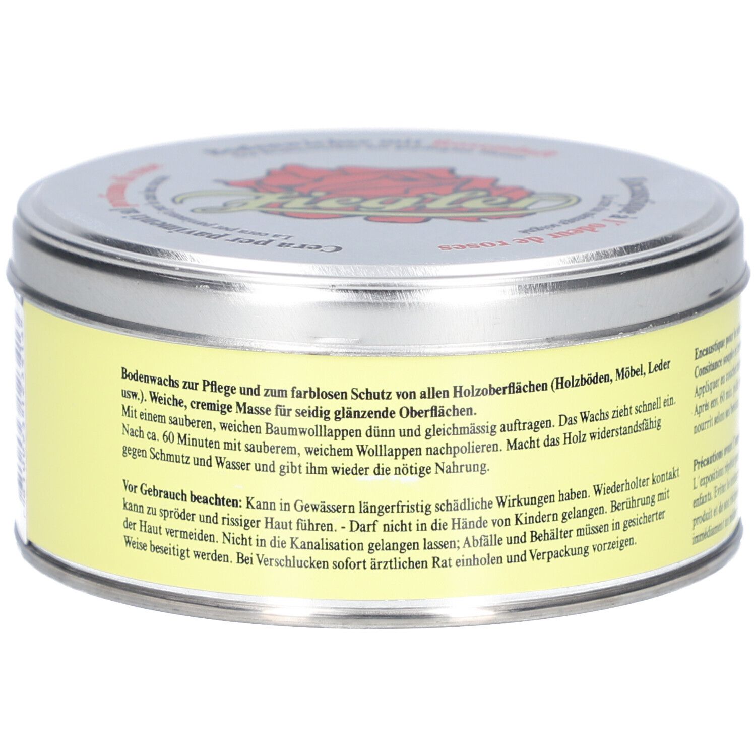 Runde Dose mit gelbem Etikett und Text. Silberner Deckel mit Logo und Schriftzug. Produktname nicht sichtbar.