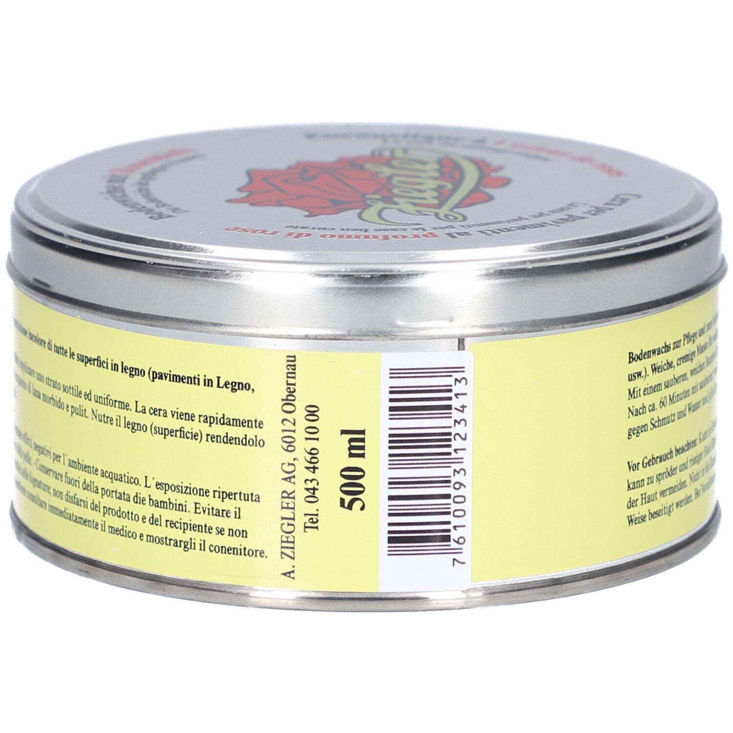 Runde Dose mit gelbem Etikett und Text. Silberner Deckel mit Logo. Aufschrift: 500 ml. Barcode.