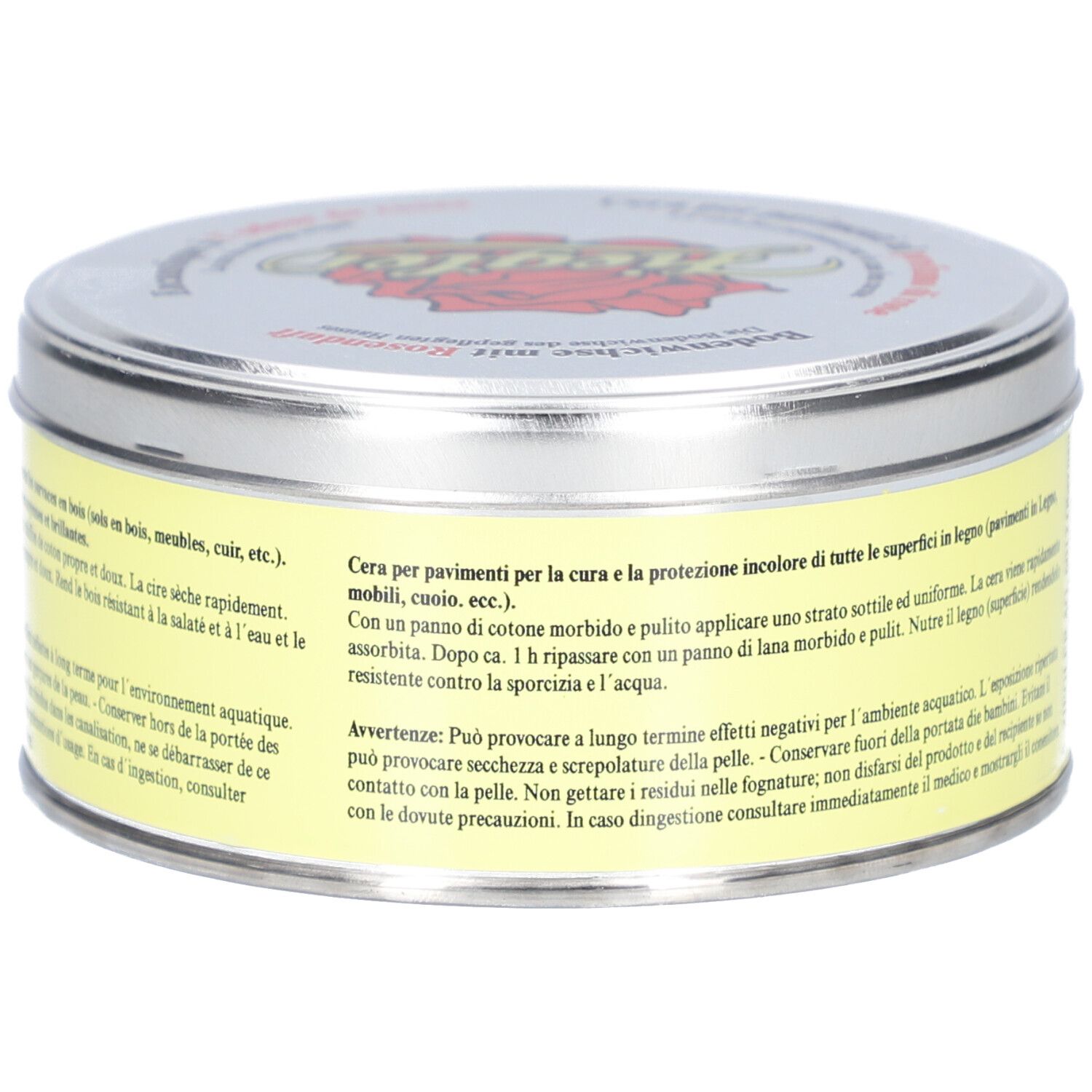 Runde Dose mit gelbem Etikett und Text. Silberner Deckel mit Logo. Produktname nicht sichtbar.