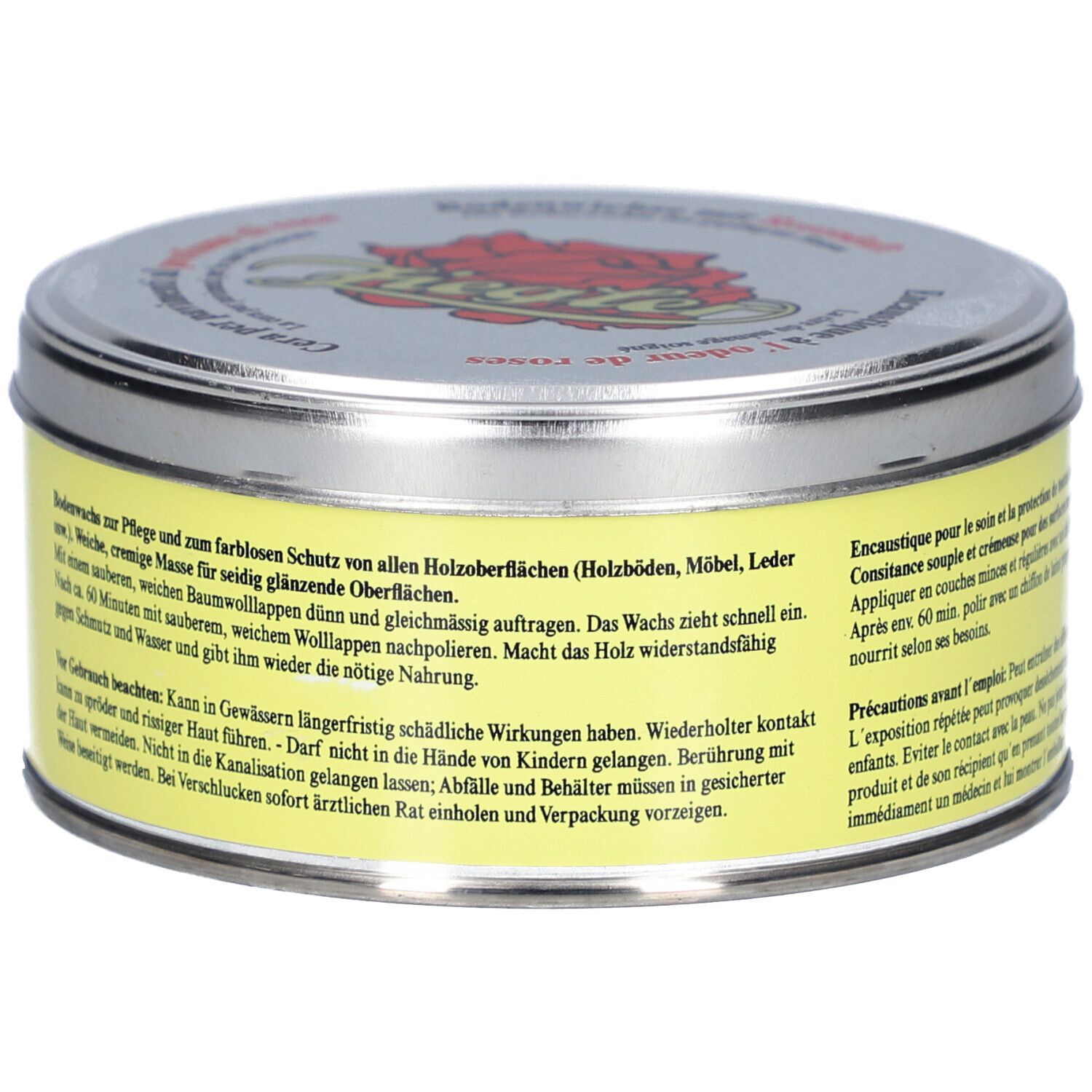 Runde Dose mit gelbem Etikett und Text. Silberner Deckel mit Logo und Schriftzug. Produktname nicht sichtbar.